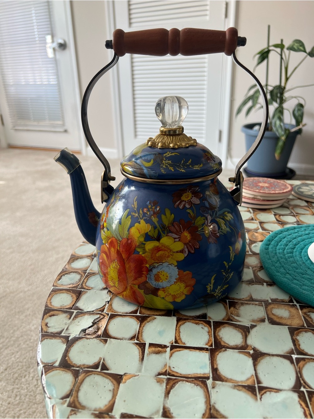 MacKenzie-Childs Blue Floral Teakettle with Wooden Handle and Glass Finial